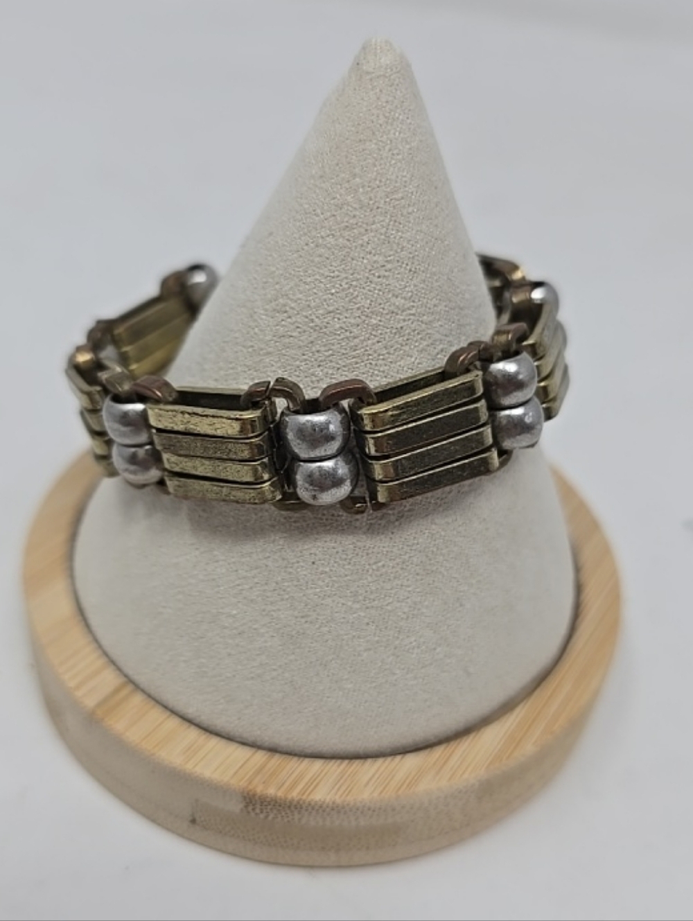 Steampunk grungecore metal beaded burnished bracelet mixmedia brass chrome‎